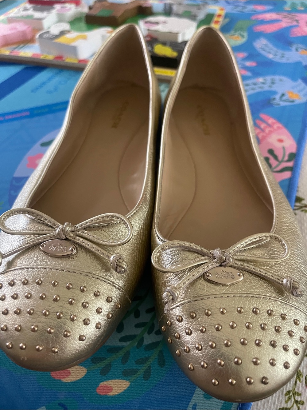 Coach Metallic Gold Studded Ballet Flats with Bow